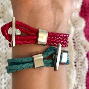 Set of Teal & Hot Pink braided leather bracelets